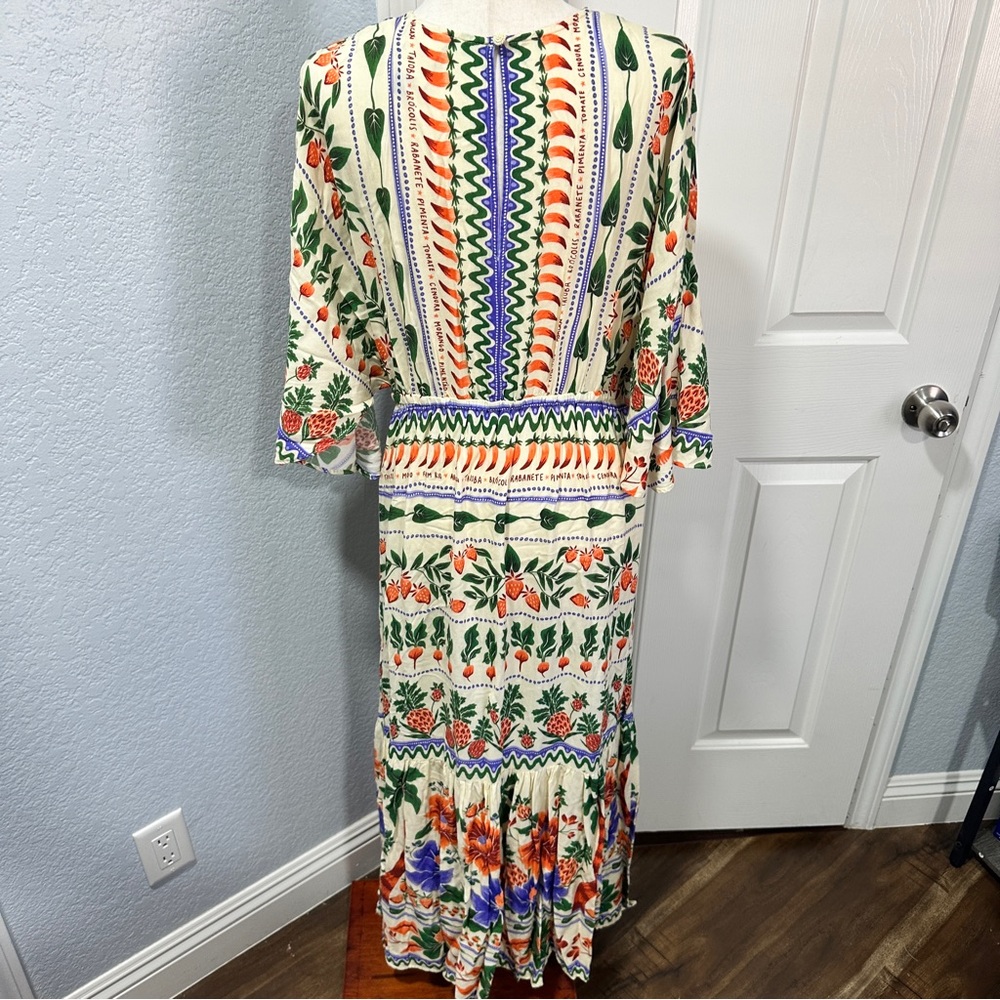 Farm Rio Size L V-Neck Kaftan Maxi Dress Colorful Coastal Cut Outs Resortwear - Picture 7 of 16